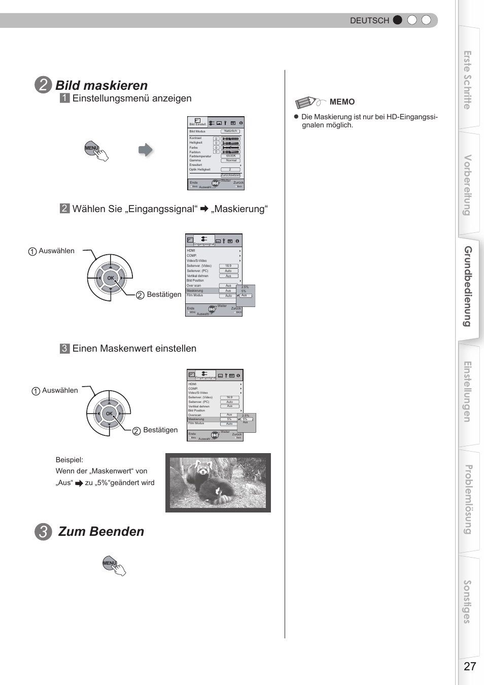 Bild maskieren, Zum beenden, 1einstellungsmenü anzeigen | Deutsch | JVC DLA-HD350 User Manual | Page 27 / 173