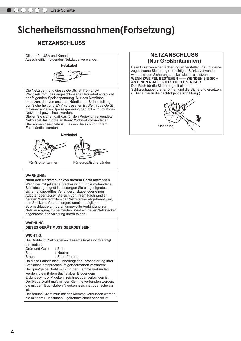 Sicherheitsmassnahmen(fortsetzung), Sicherheitsmassnahmen (fortsetzung), Netzanschluss | Netzanschluss (nur großbritannien) | JVC DLA-HD350 User Manual | Page 4 / 173