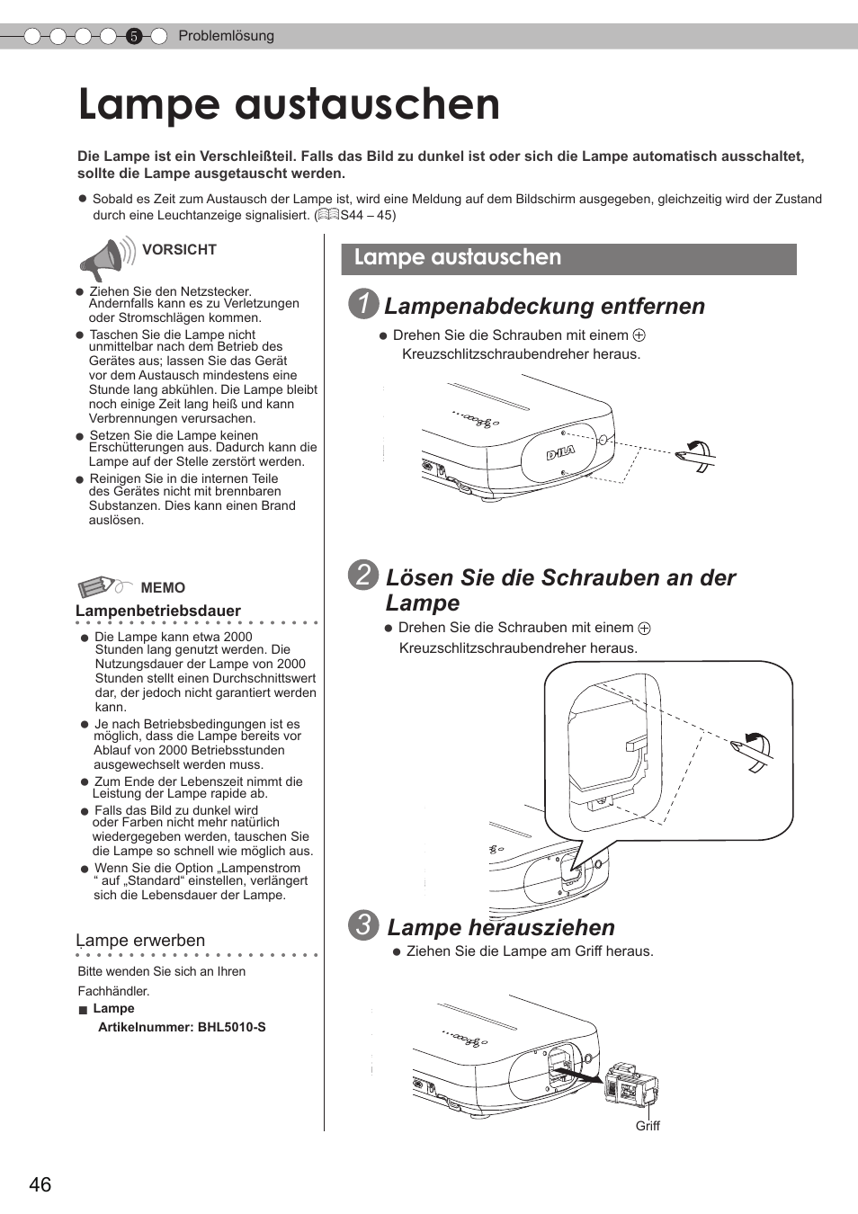 Lampe austauschen, Lampenabdeckung, S46) | S46 – 48), Lampenabdeckung entfernen, Lösen sie die schrauben an der lampe, Lampe herausziehen | JVC DLA-HD350 User Manual | Page 46 / 173