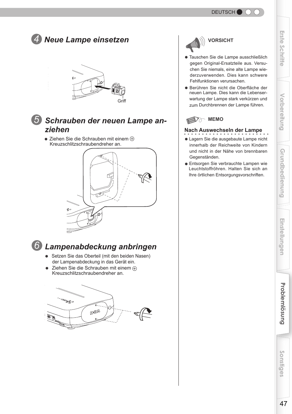 Neue lampe einsetzen, Schrauben der neuen lampe an- ziehen, Lampenabdeckung anbringen | JVC DLA-HD350 User Manual | Page 47 / 173