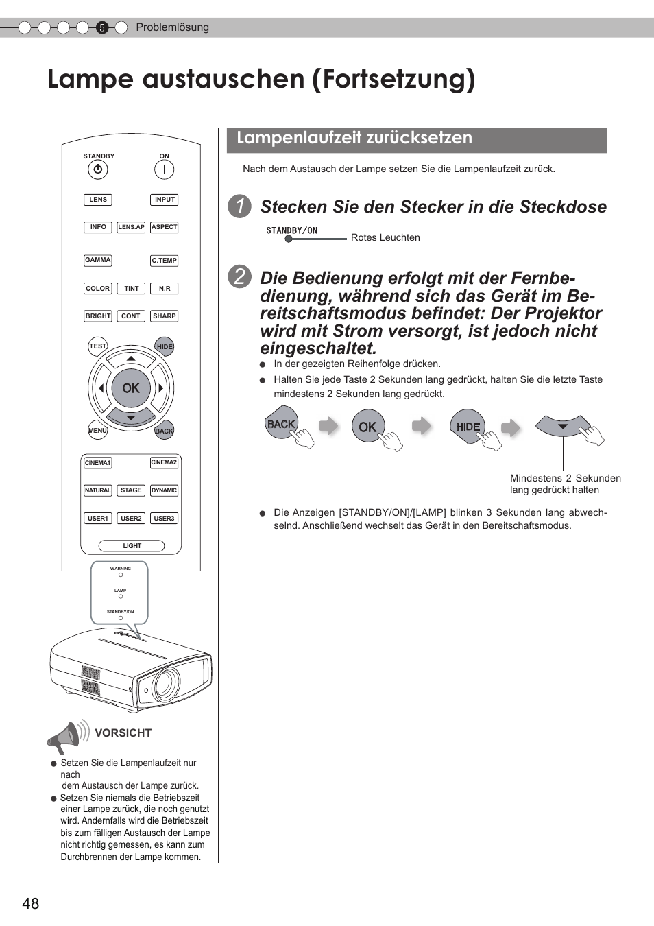 Lampenlaufzeit zurücksetzen, Lampe austauschen (fortsetzung), Stecken sie den stecker in die steckdose | JVC DLA-HD350 User Manual | Page 48 / 173