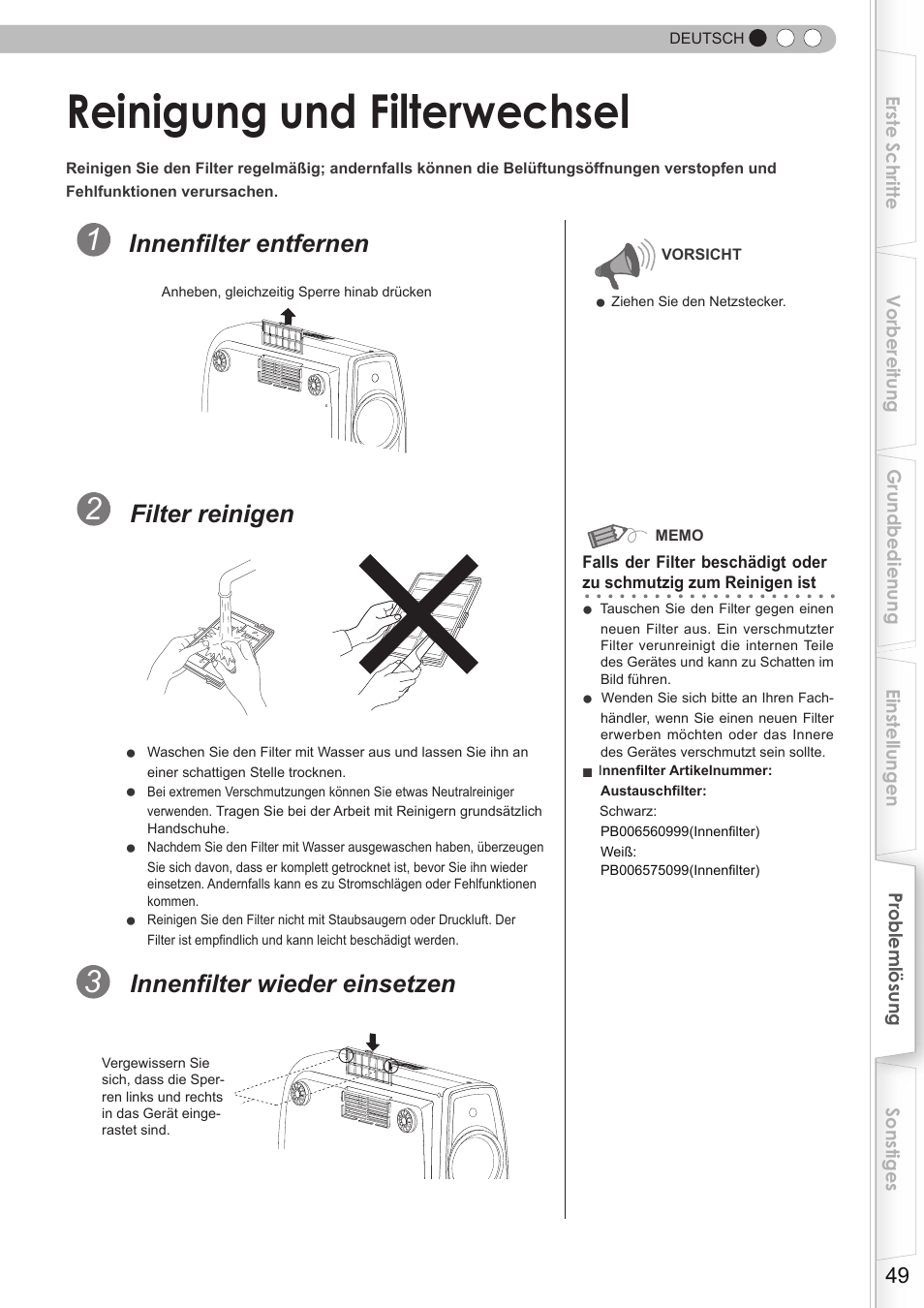 Reinigung und filterwechsel, Filter, S49) | Innenfilter wieder einsetzen, Innenfilter entfernen, Filter reinigen | JVC DLA-HD350 User Manual | Page 49 / 173