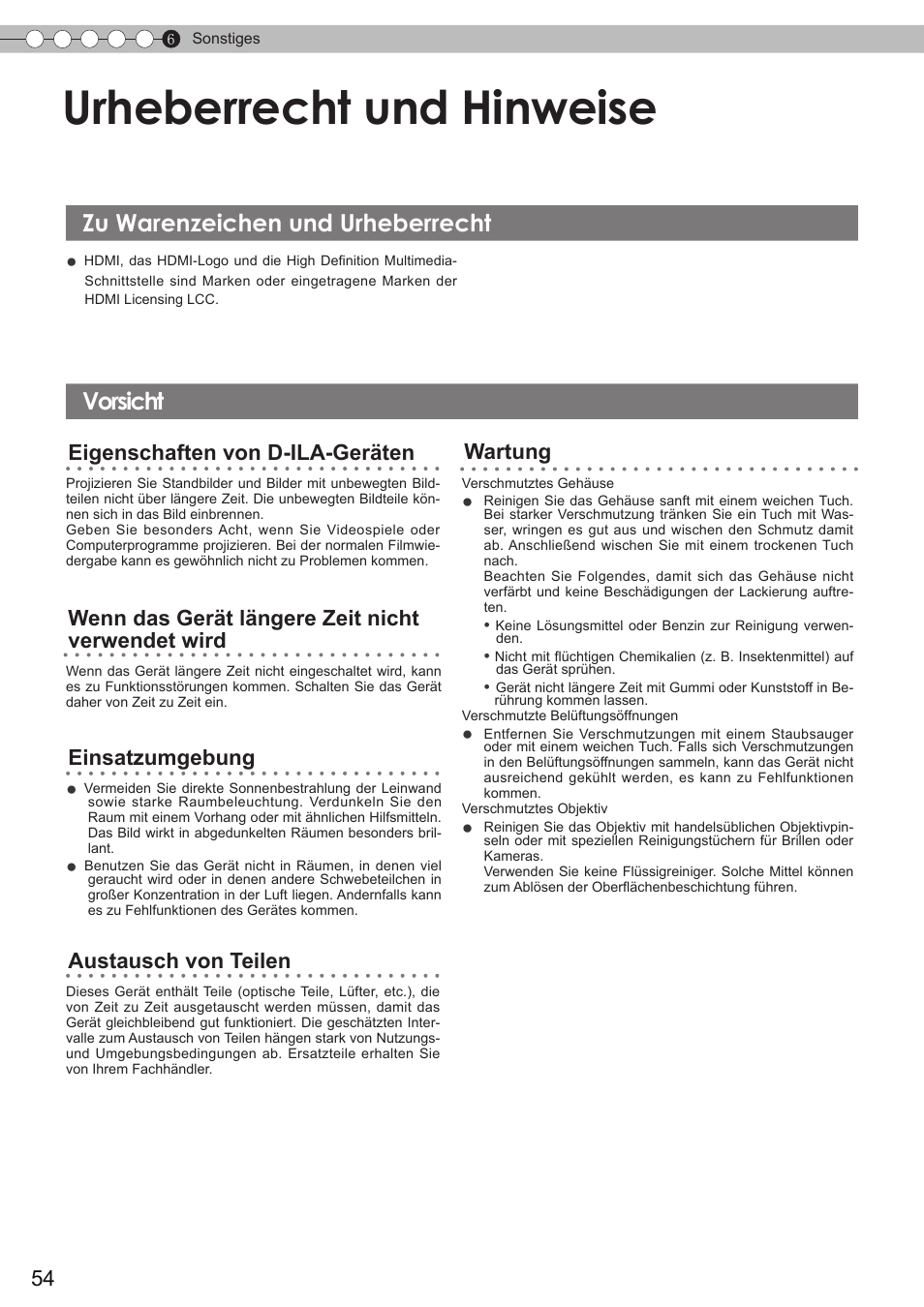 Urheberrecht und hinweise, Zu warenzeichen und urheberrecht, Vorsicht | Zu warenzeichen und urheberrecht vorsicht | JVC DLA-HD350 User Manual | Page 54 / 173