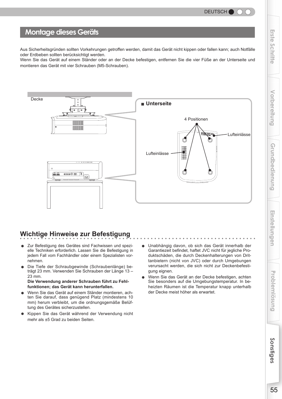 Montage dieses geräts, Wichtige hinweise zur befestigung | JVC DLA-HD350 User Manual | Page 55 / 173