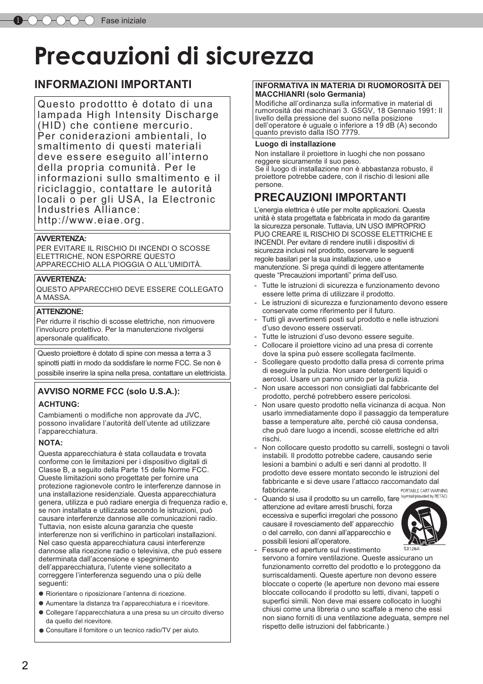 Fase iniziale, Precauzioni di sicurezza, Informazioni importanti precauzioni importanti | JVC DLA-HD350 User Manual | Page 60 / 173