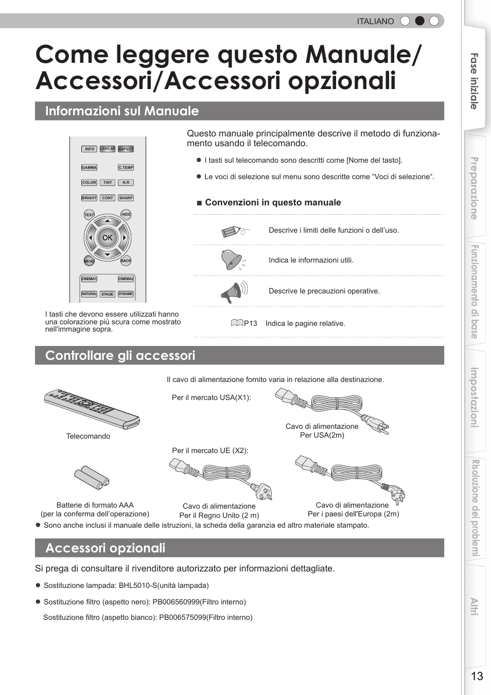 Informazioni sul manuale, Controllare gli accessori, Accessori opzionali | Come leggere questo manuale, Accessori/accessori opzionali | JVC DLA-HD350 User Manual | Page 71 / 173