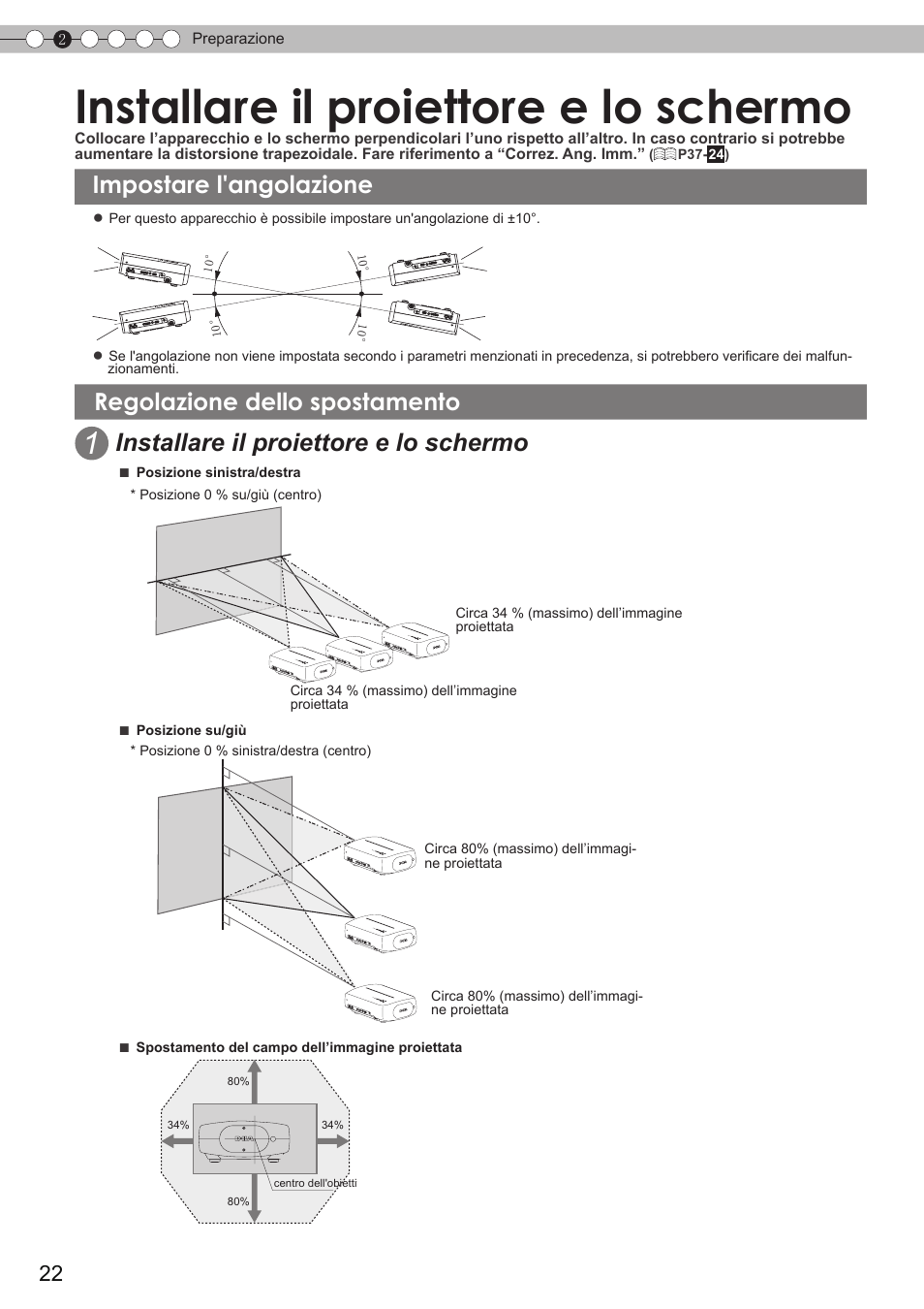 Installare il proiettore e lo schermo, Impostare l'angolazione, Regolazione dello spostamento | In orizzontale, P22) | JVC DLA-HD350 User Manual | Page 80 / 173