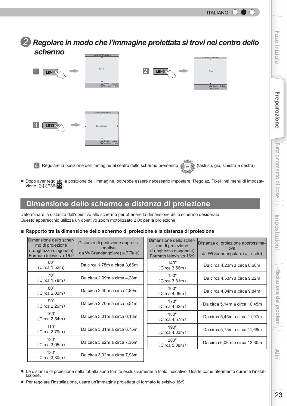 Dimensione dello schermo e distanza di proiezione, Dimensione dello schermo e distanza di, Proiezione | JVC DLA-HD350 User Manual | Page 81 / 173