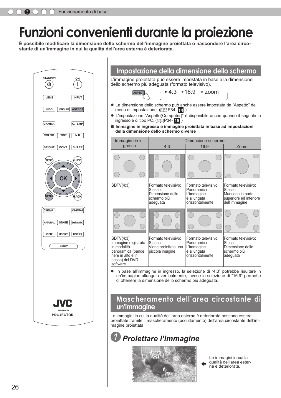 Funzioni convenienti durante la proiezione, Impostazione della dimensione dello schermo, Mascheramento dell’area circostante diun’immagine | Funzioni convenienti durante la, Proiezione, Un’immagine, Schermo, P26), Proiettare l’immagine, Mascheramento dell’area circostante di un’immagine | JVC DLA-HD350 User Manual | Page 84 / 173