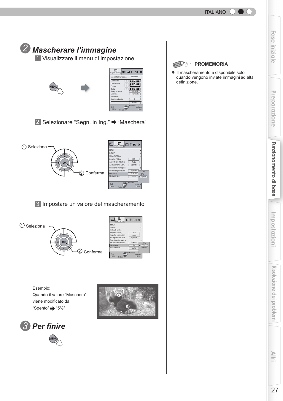 Per finire, Mascherare l’immagine, 1visualizzare il menu di impostazione | Italiano | JVC DLA-HD350 User Manual | Page 85 / 173