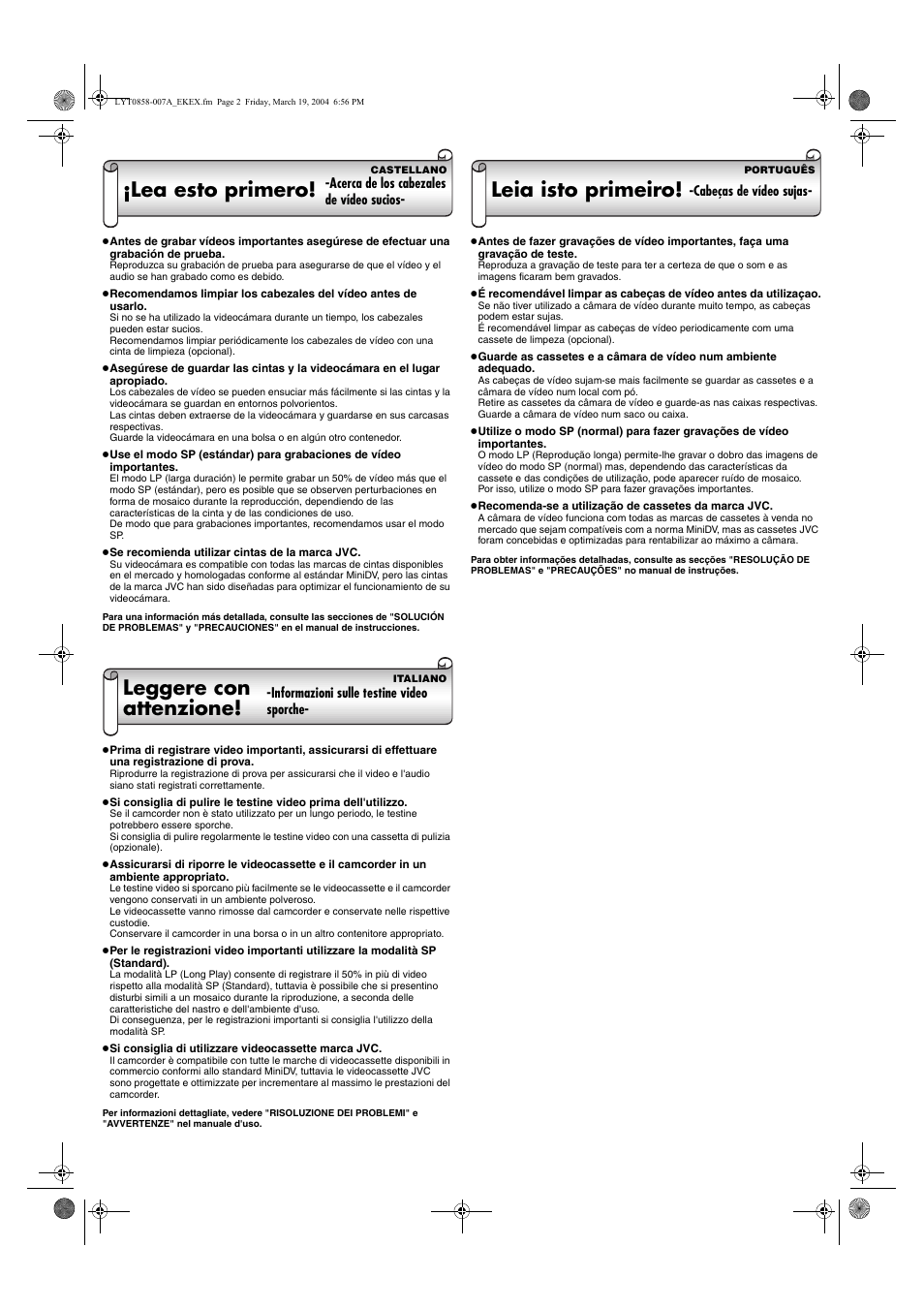 Lea esto primero, Leggere con attenzione, Leia isto primeiro | JVC GR-D290 User Manual | Page 2 / 2