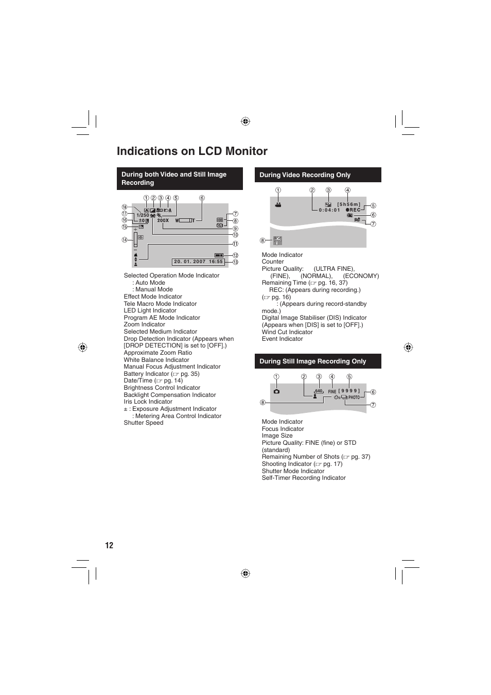 Indications on lcd monitor | JVC GZ-MG330 User Manual | Page 12 / 40