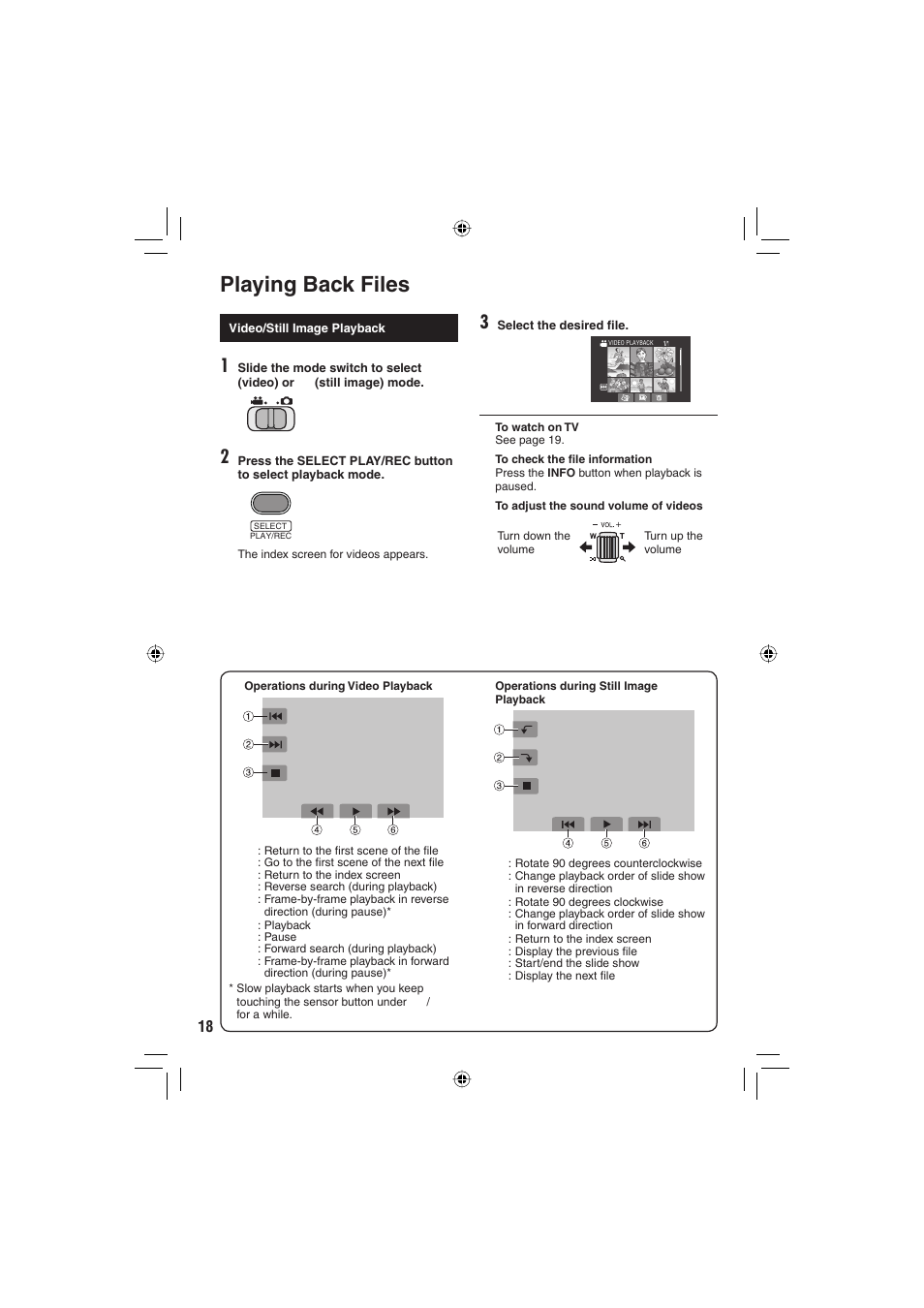 Playing back files | JVC GZ-MG330 User Manual | Page 18 / 40