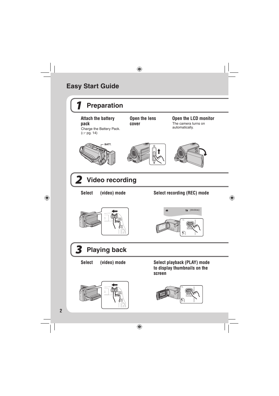 Easy start guide video recording, Playing back, Preparation | JVC GZ-MG330 User Manual | Page 2 / 40