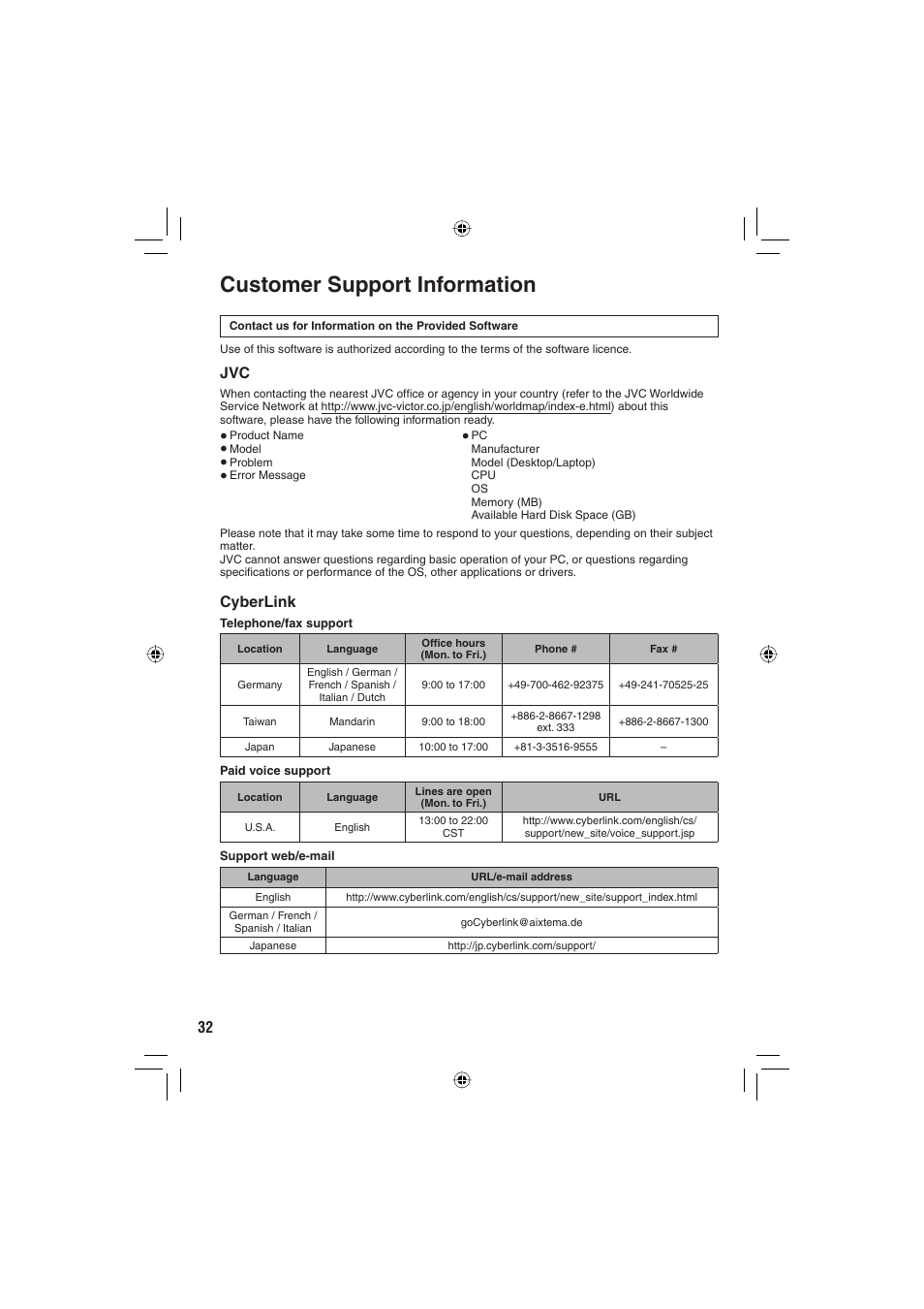 Customer support information, Cyberlink | JVC GZ-MG330 User Manual | Page 32 / 40