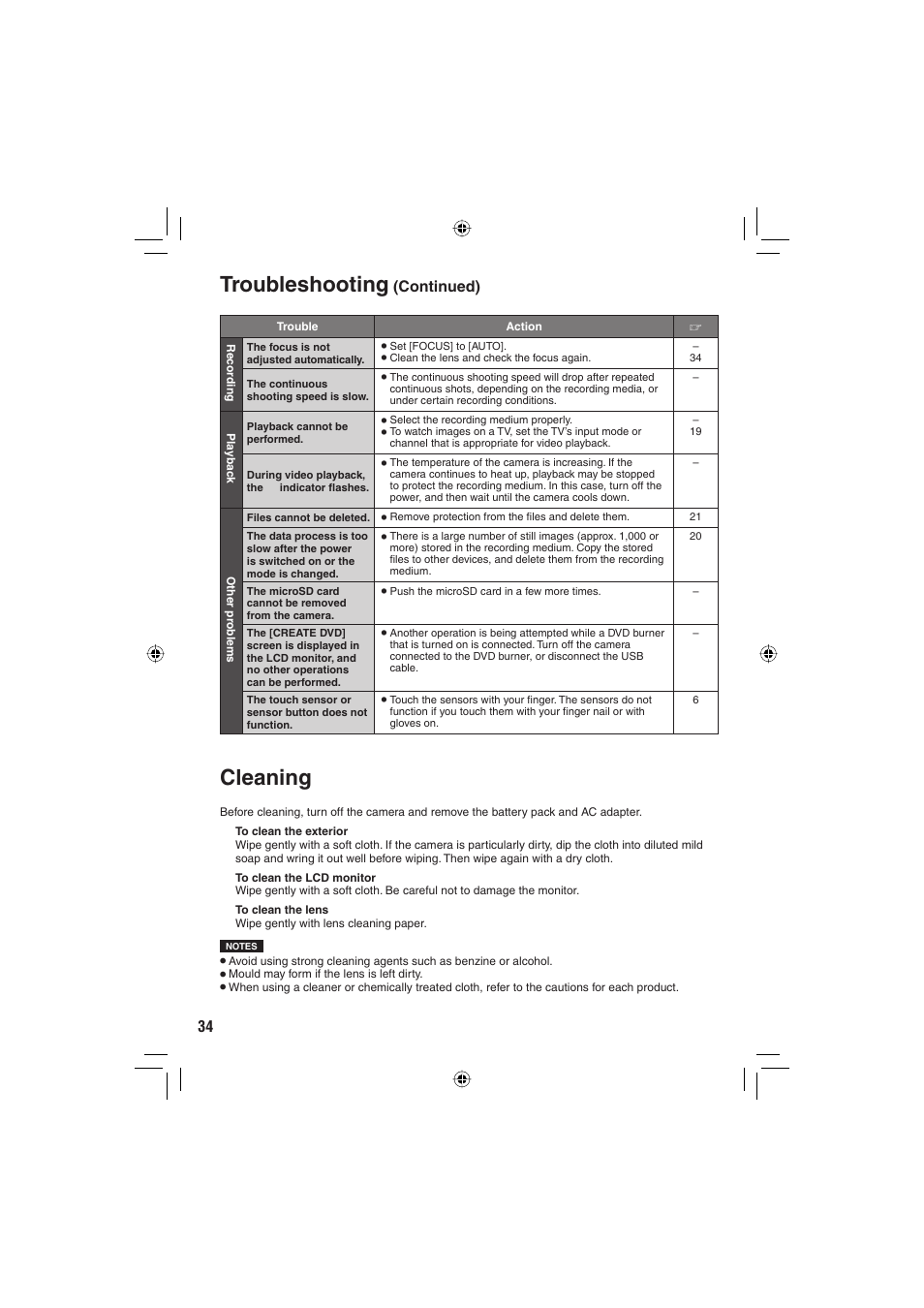 Cleaning, Troubleshooting | JVC GZ-MG330 User Manual | Page 34 / 40