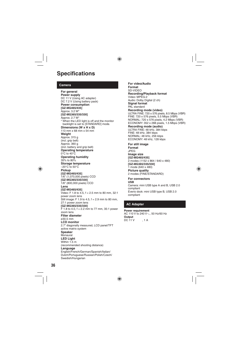 Specifi cations | JVC GZ-MG330 User Manual | Page 36 / 40