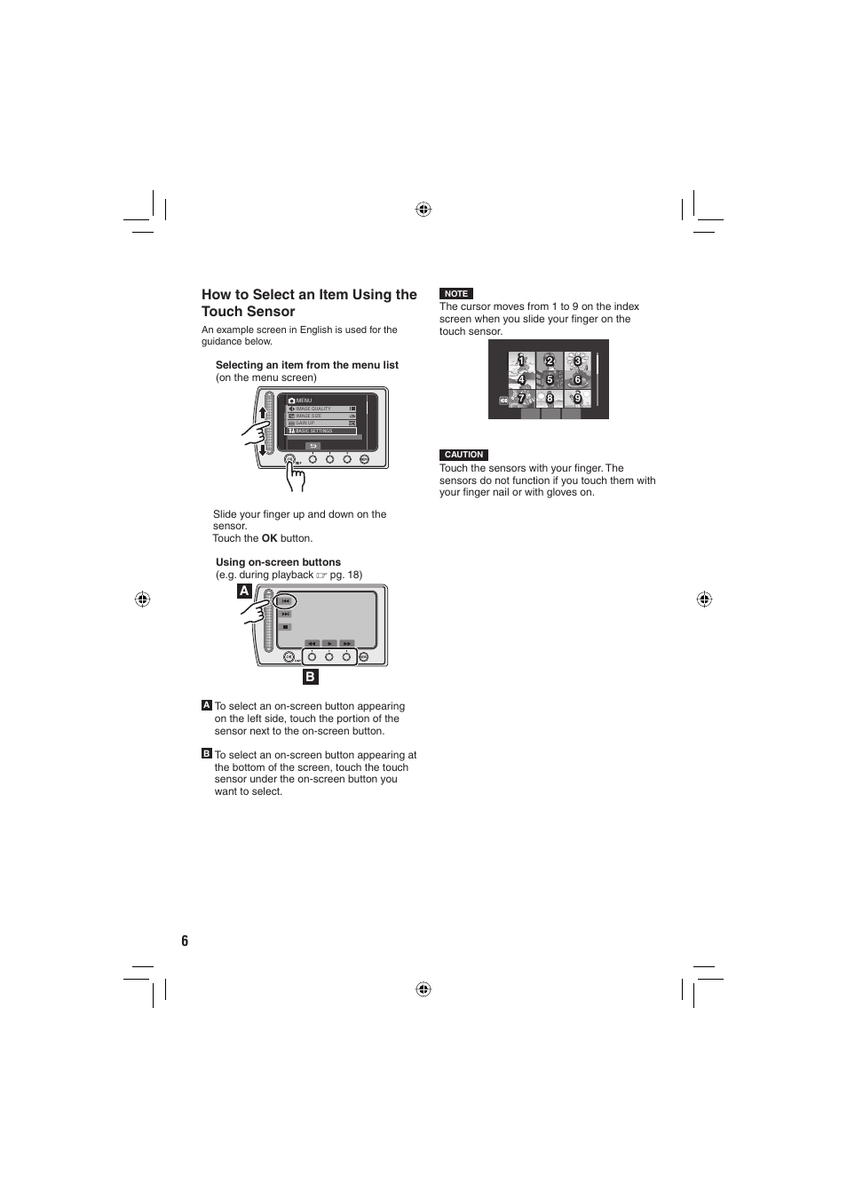 How to select an item using the touch sensor | JVC GZ-MG330 User Manual | Page 6 / 40