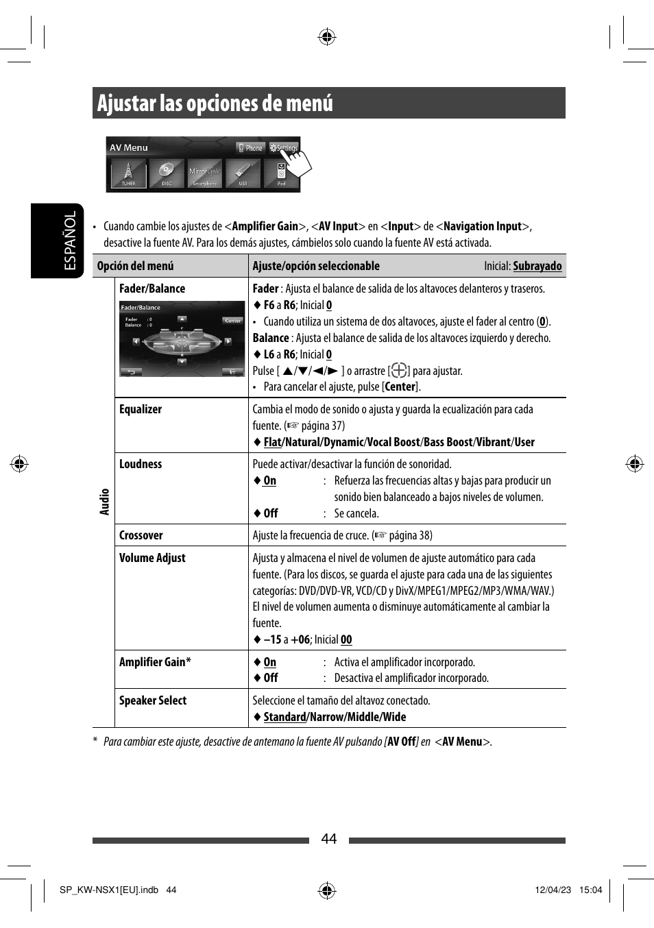 Ajustar las opciones de menú | JVC KW-NSX1 User Manual | Page 114 / 212