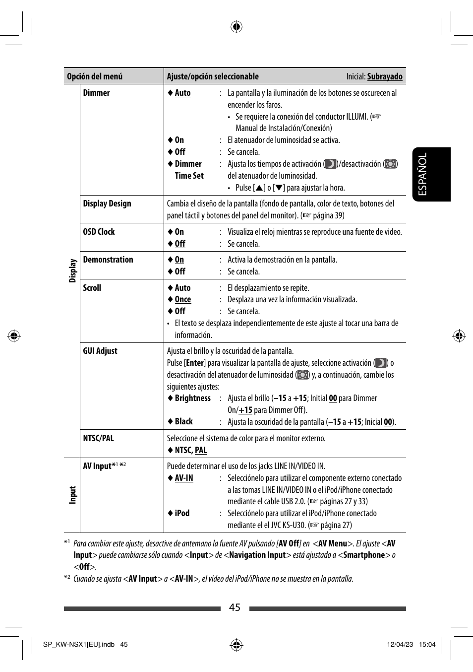 45 esp añol | JVC KW-NSX1 User Manual | Page 115 / 212