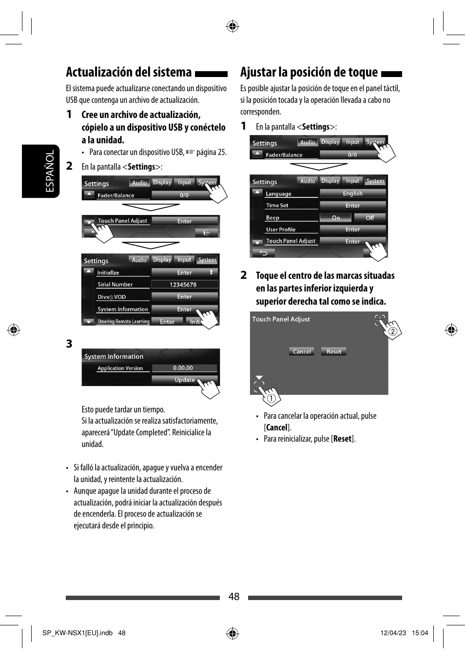 Actualización del sistema, Ajustar la posición de toque | JVC KW-NSX1 User Manual | Page 118 / 212