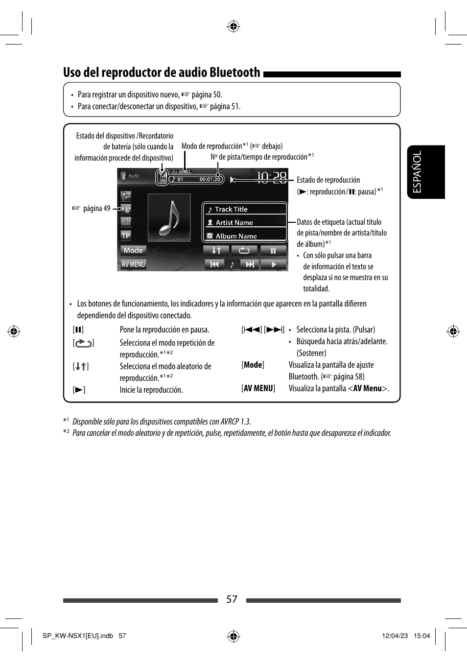 Uso del reproductor de audio bluetooth, 57 esp añol | JVC KW-NSX1 User Manual | Page 127 / 212