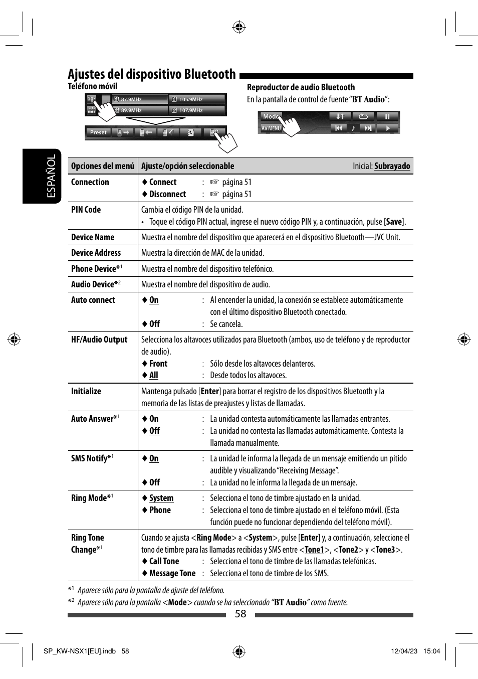 Ajustes del dispositivo bluetooth, 58 esp añol | JVC KW-NSX1 User Manual | Page 128 / 212