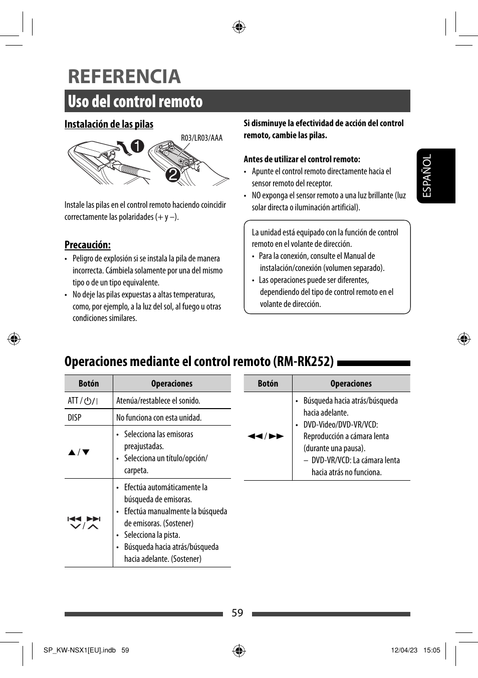 Referencia, Uso del control remoto, Operaciones mediante el control remoto (rm-rk252) | JVC KW-NSX1 User Manual | Page 129 / 212