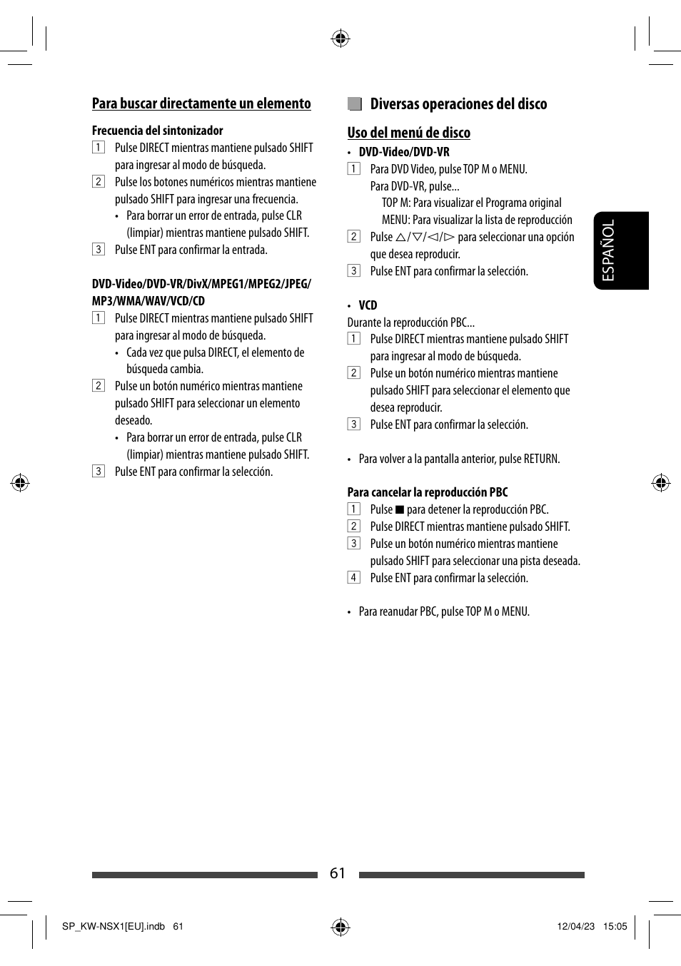 Diversas operaciones del disco | JVC KW-NSX1 User Manual | Page 131 / 212