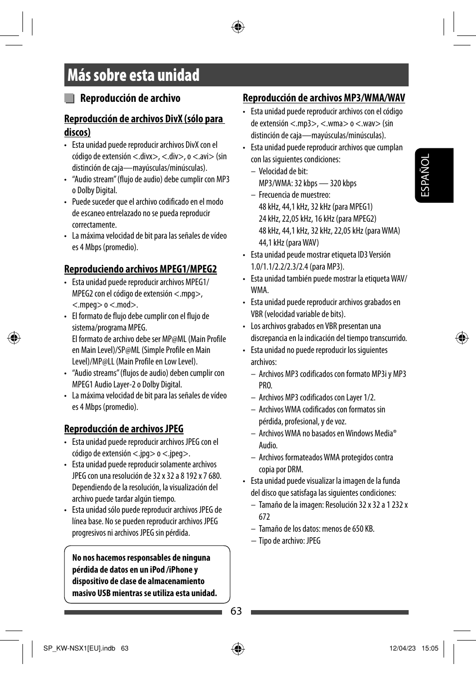 Más sobre esta unidad, Reproducción de archivo | JVC KW-NSX1 User Manual | Page 133 / 212