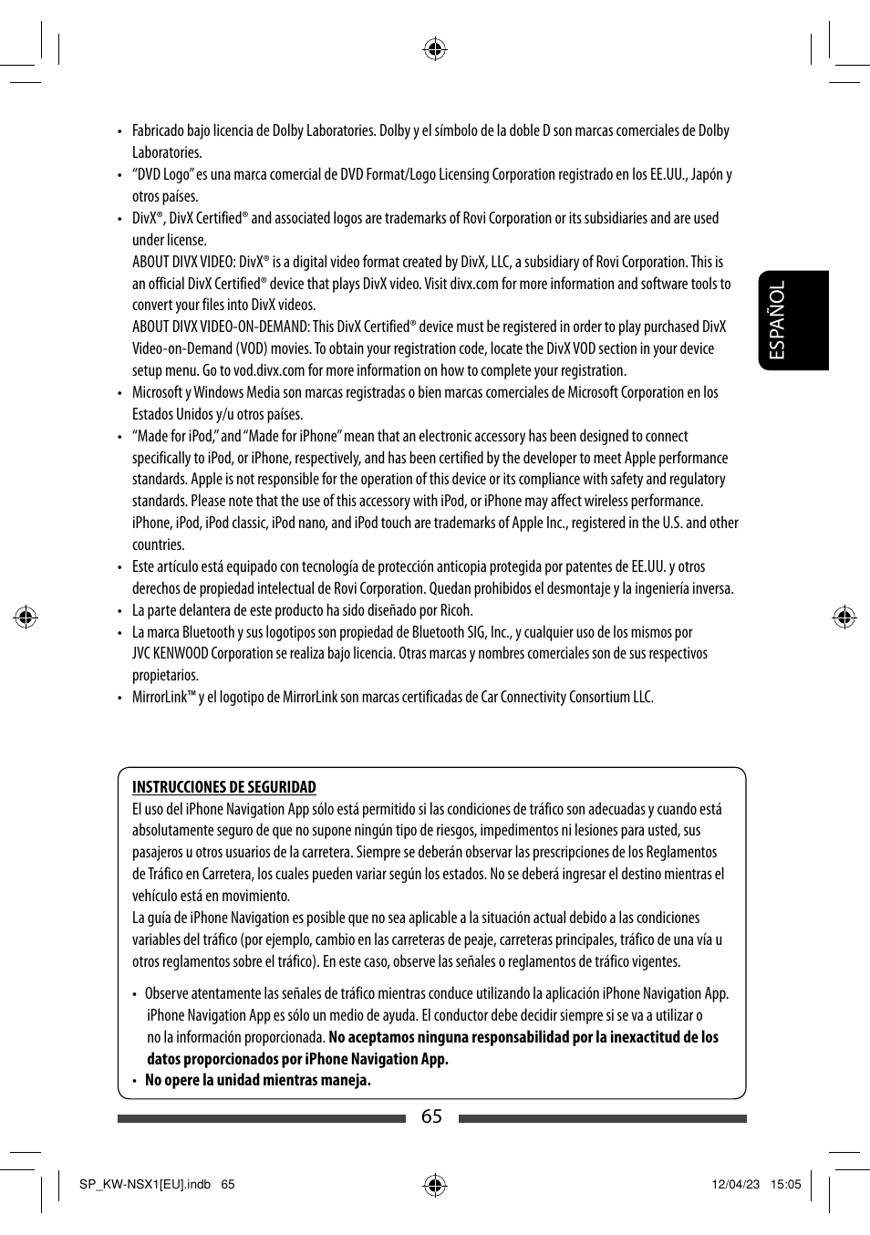 65 esp añol | JVC KW-NSX1 User Manual | Page 135 / 212