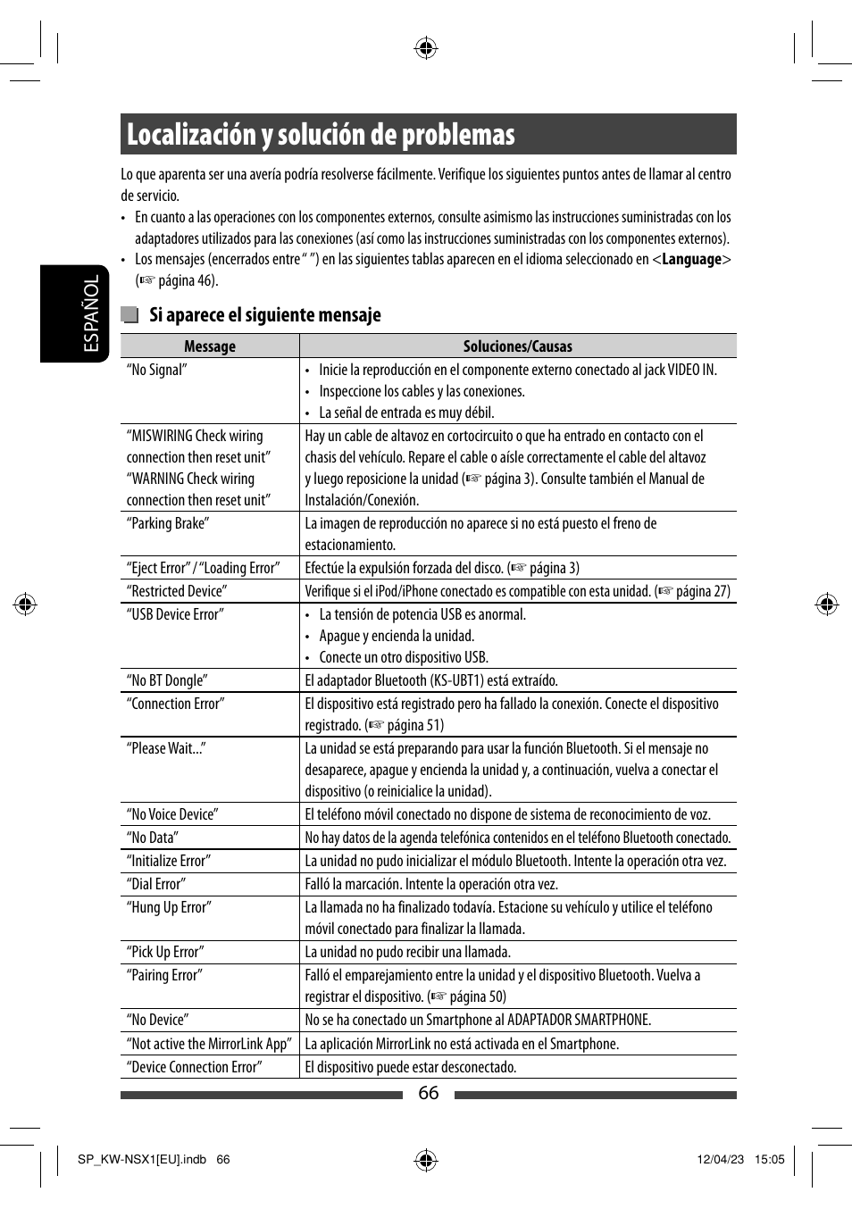 Localización y solución de problemas, Si aparece el siguiente mensaje | JVC KW-NSX1 User Manual | Page 136 / 212