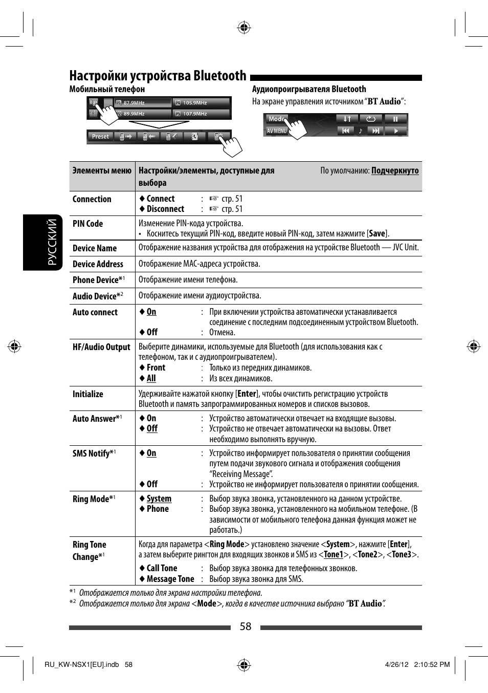 Настройки устройства bluetooth, 58 р уc ckий | JVC KW-NSX1 User Manual | Page 198 / 212