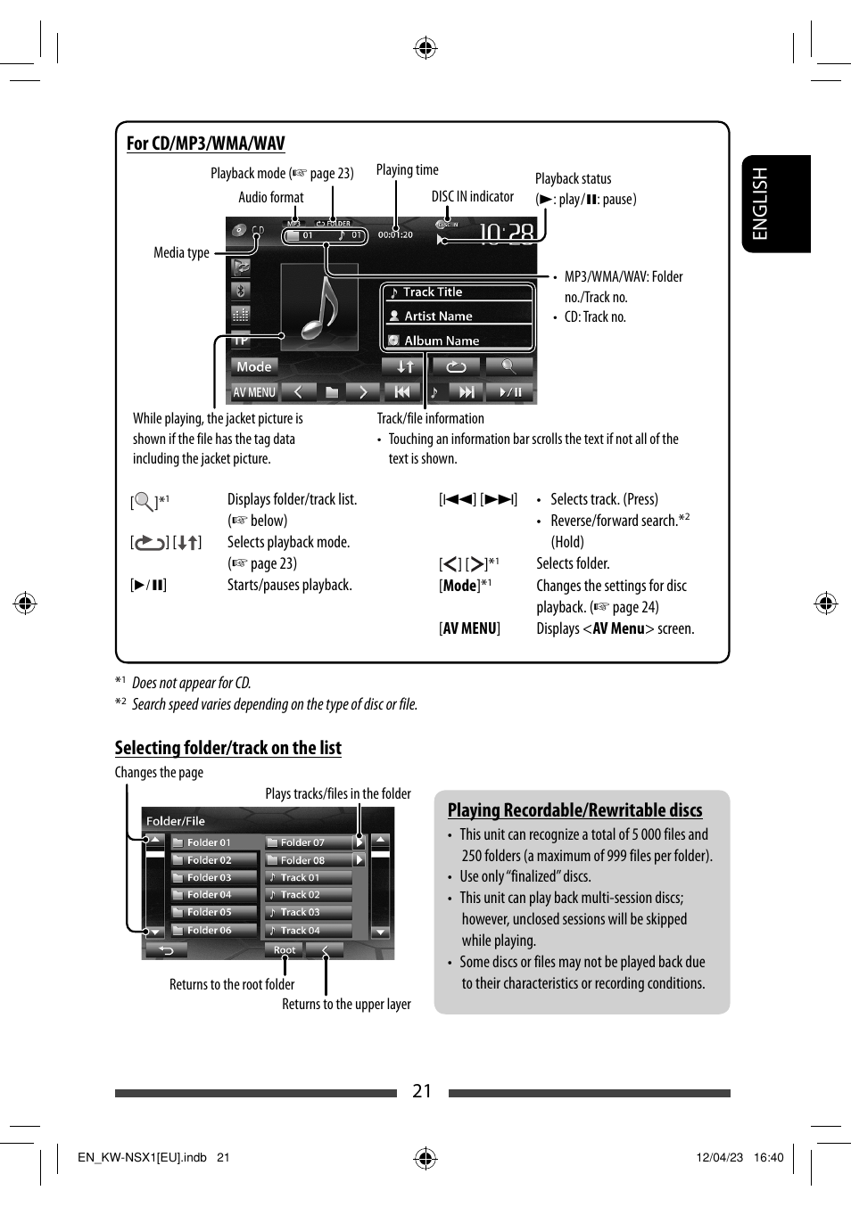 21 english playing recordable/rewritable discs, Selecting folder/track on the list, For cd/mp3/wma/wav | JVC KW-NSX1 User Manual | Page 21 / 212