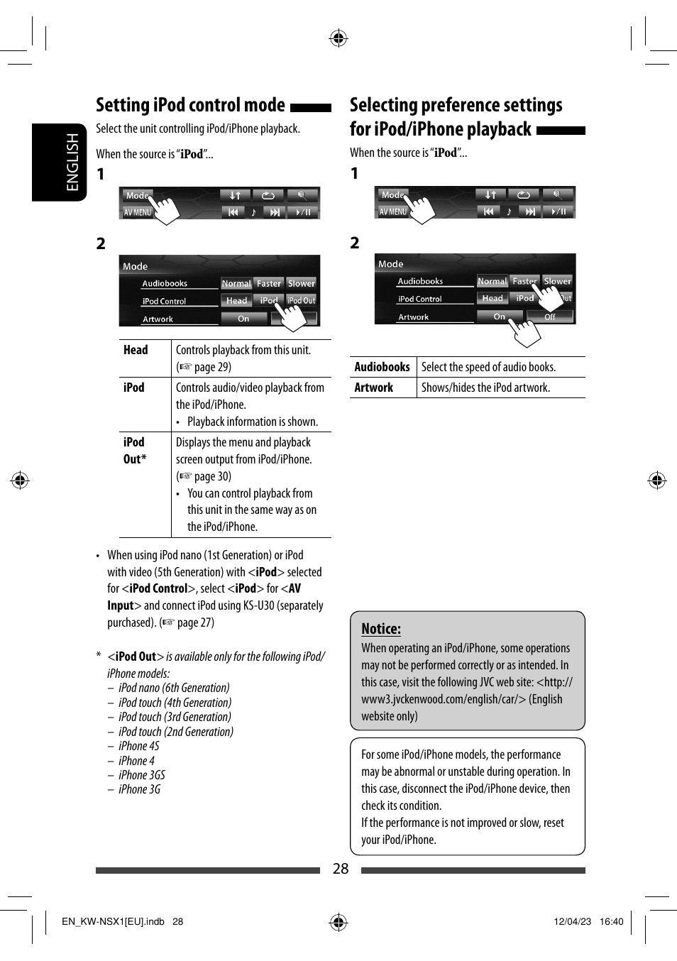 Setting ipod control mode | JVC KW-NSX1 User Manual | Page 28 / 212