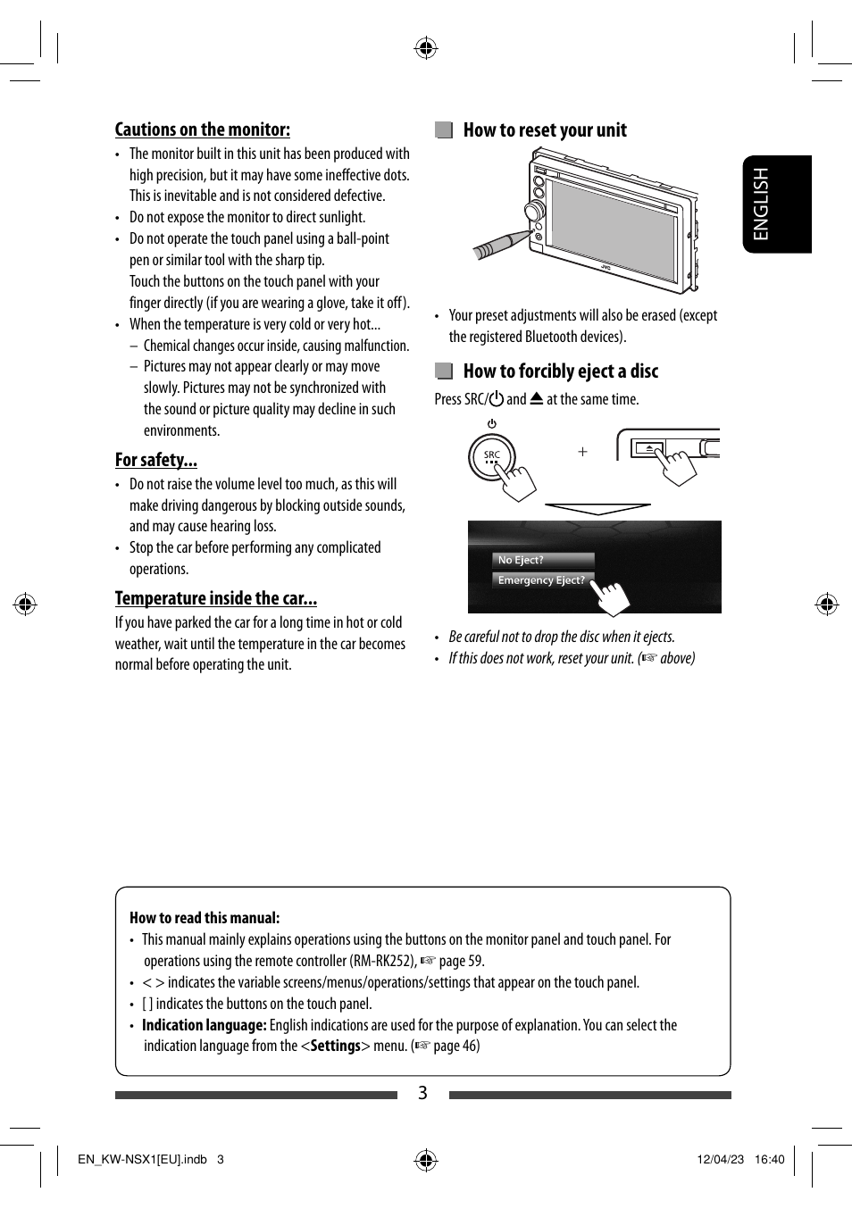 How to reset your unit, How to forcibly eject a disc | JVC KW-NSX1 User Manual | Page 3 / 212