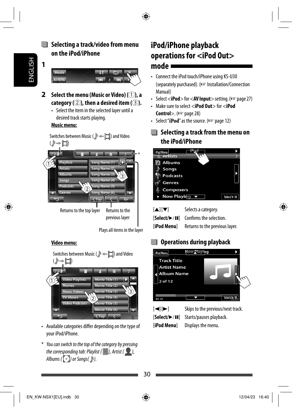 Selecting a track from the menu on the ipod/iphone, Operations during playback | JVC KW-NSX1 User Manual | Page 30 / 212