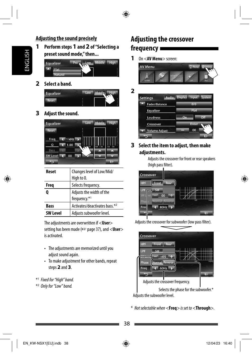 Adjusting the crossover frequency | JVC KW-NSX1 User Manual | Page 38 / 212