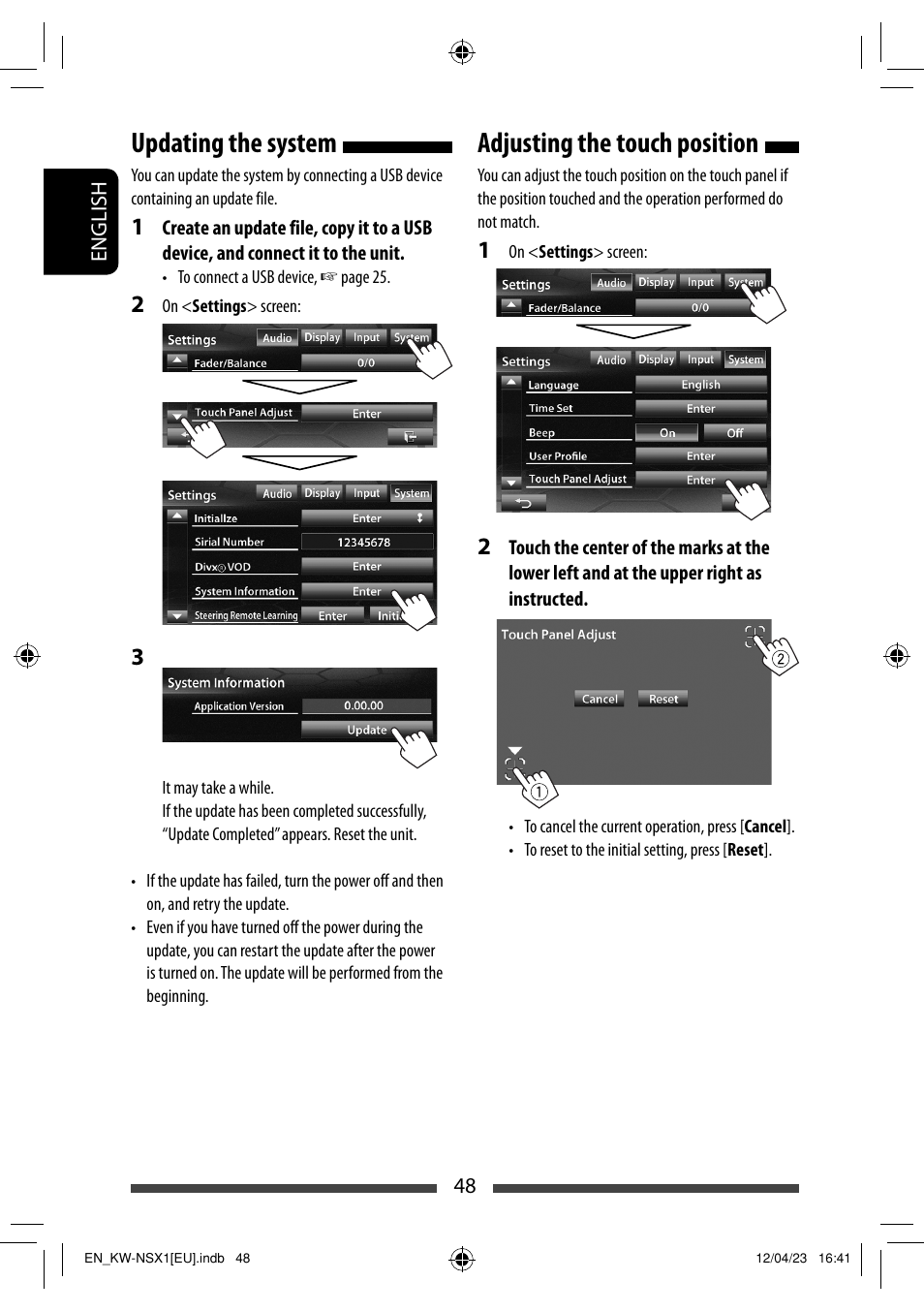 Updating the system, Adjusting the touch position | JVC KW-NSX1 User Manual | Page 48 / 212