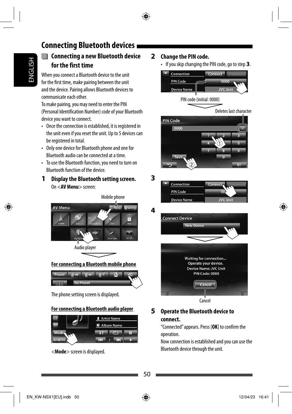 Connecting bluetooth devices | JVC KW-NSX1 User Manual | Page 50 / 212