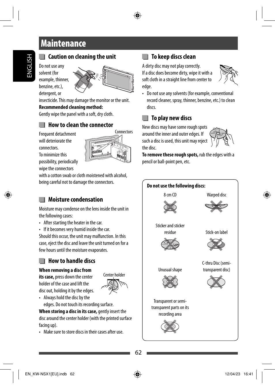 Maintenance, Caution on cleaning the unit, How to clean the connector | Moisture condensation, How to handle discs | JVC KW-NSX1 User Manual | Page 62 / 212