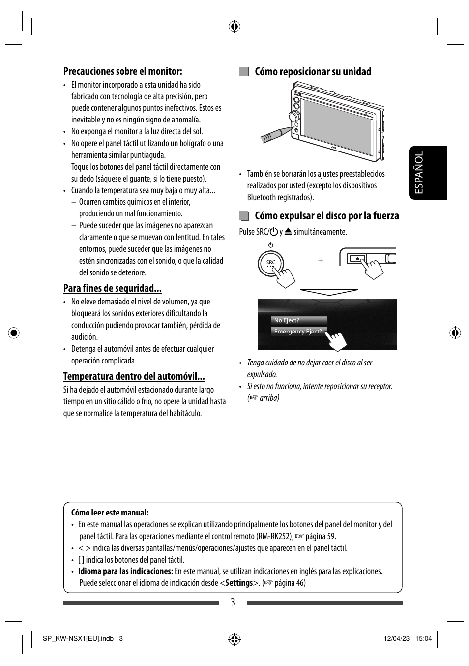 Cómo reposicionar su unidad, Cómo expulsar el disco por la fuerza | JVC KW-NSX1 User Manual | Page 73 / 212