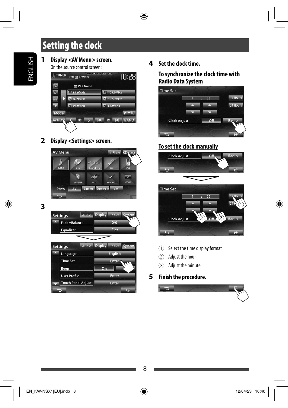 Setting the clock | JVC KW-NSX1 User Manual | Page 8 / 212