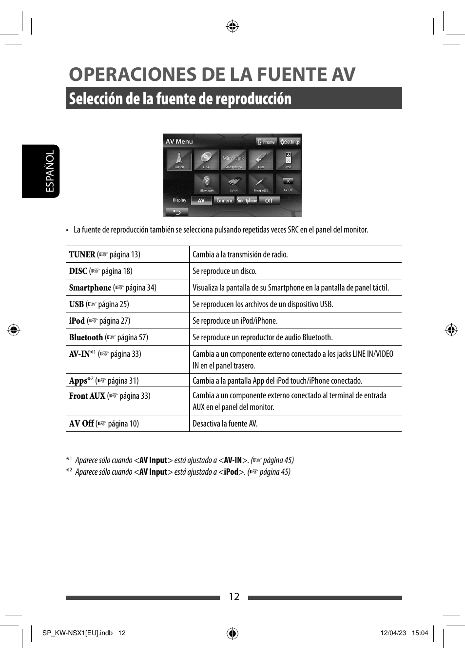 Operaciones de la fuente av, Selección de la fuente de reproducción | JVC KW-NSX1 User Manual | Page 82 / 212