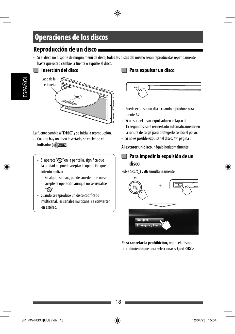 Operaciones de los discos, Reproducción de un disco | JVC KW-NSX1 User Manual | Page 88 / 212