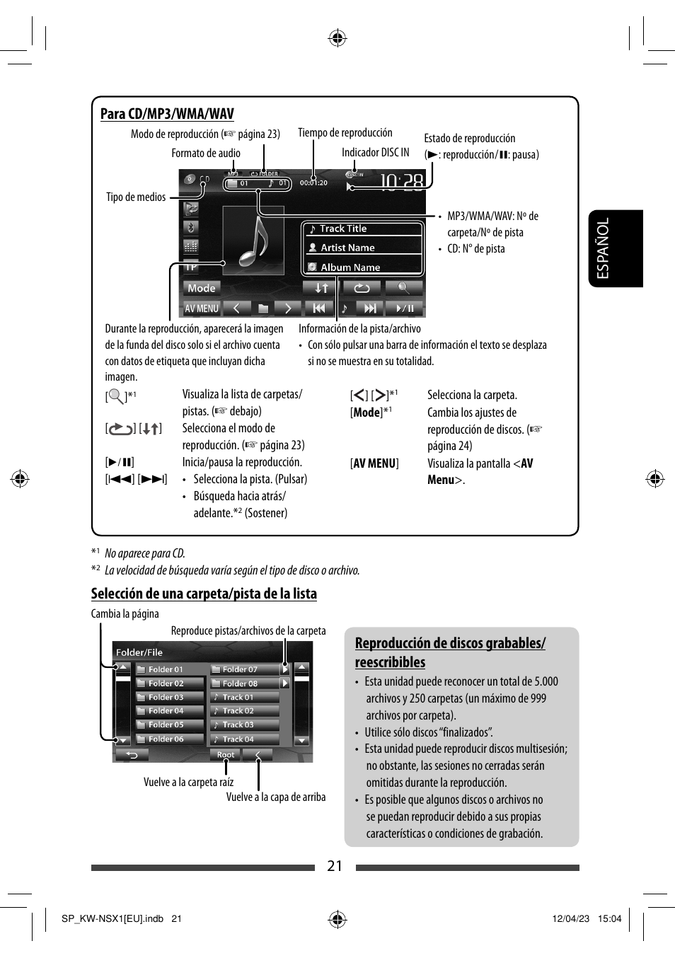 Selección de una carpeta/pista de la lista, Para cd/mp3/wma/wav | JVC KW-NSX1 User Manual | Page 91 / 212