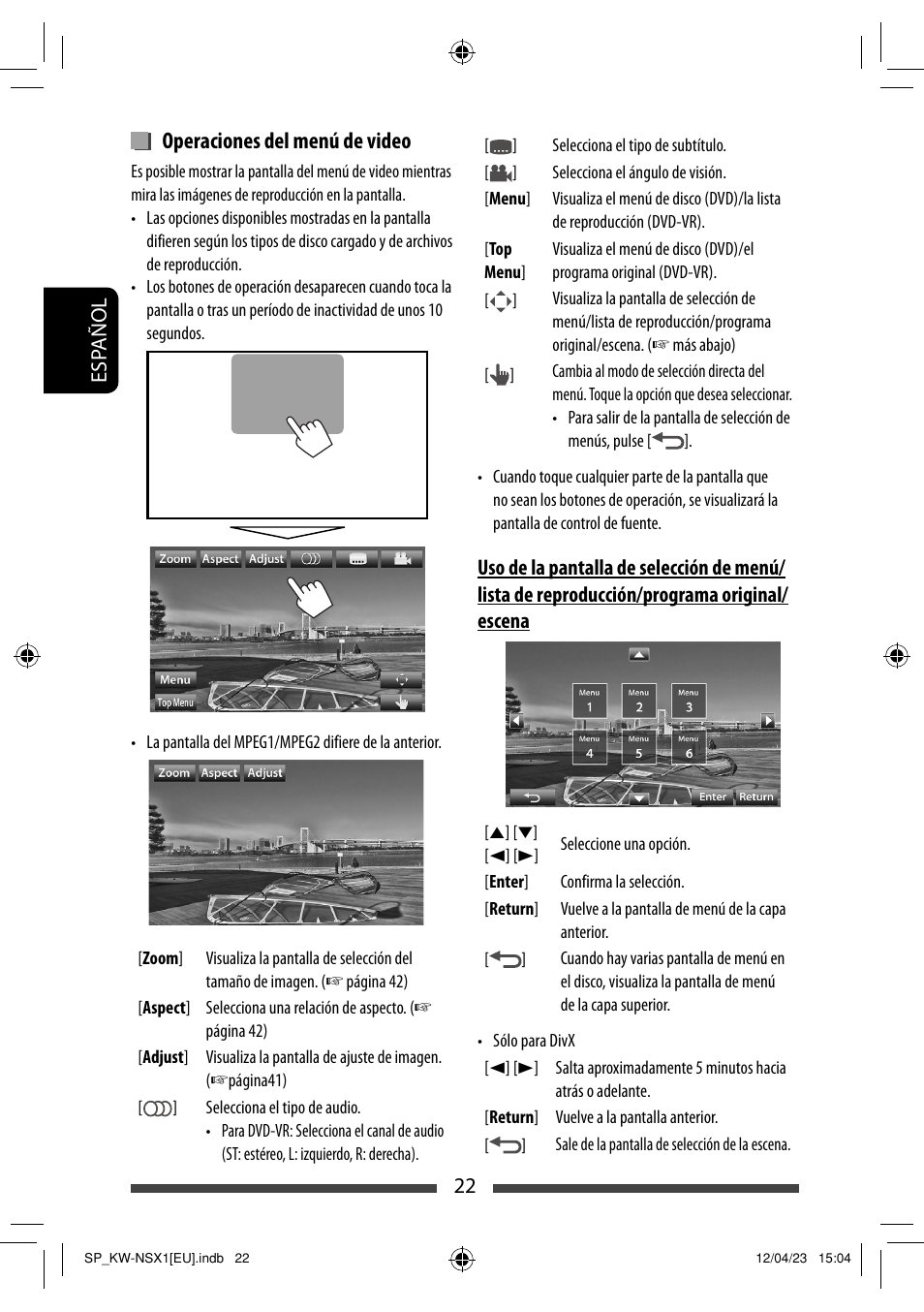 Operaciones del menú de video | JVC KW-NSX1 User Manual | Page 92 / 212