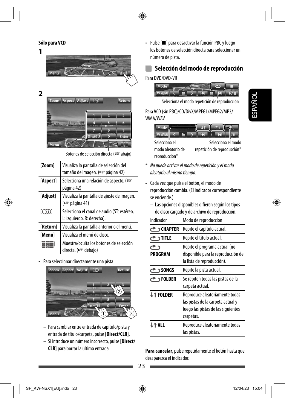 Selección del modo de reproducción | JVC KW-NSX1 User Manual | Page 93 / 212