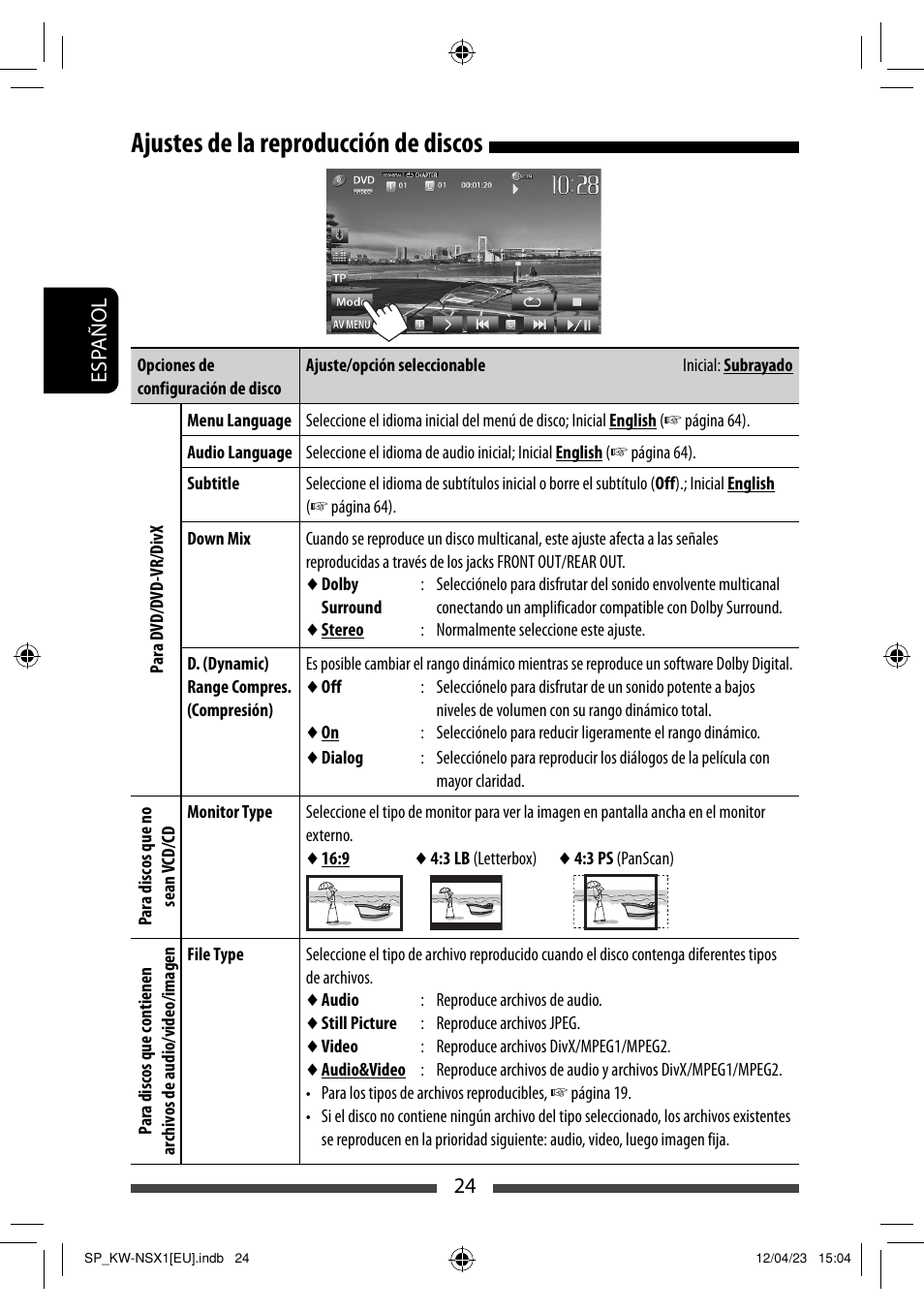 Ajustes de la reproducción de discos | JVC KW-NSX1 User Manual | Page 94 / 212