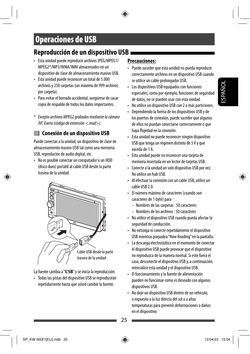 Operaciones de usb, Reproducción de un dispositivo usb, Conexión de un dispositivo usb | JVC KW-NSX1 User Manual | Page 95 / 212